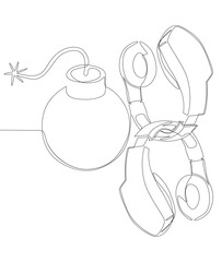 One continuous line of bomb with headphones. Thin Line Illustration vector concept. Contour Drawing Creative ideas.