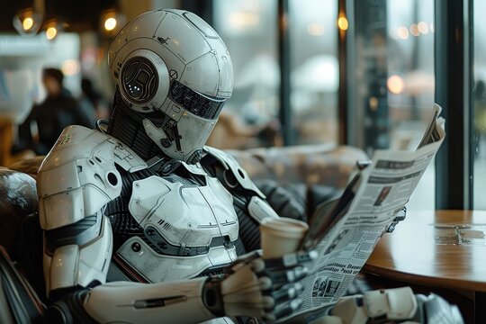 Humanoid droid enjoying coffee in a cafe.