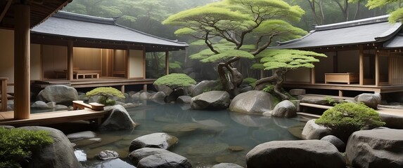 Fototapeta premium Serene Japanese garden with tranquil pond, bonsai trees, and traditional wooden architecture, perfect for meditation and relaxation
