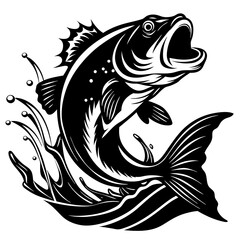 A large bass fish, fish, vector, tattoo, illustration, animal, tribal, sea, black, design