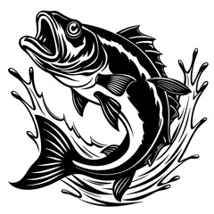 A large bass fish, fish, vector, tattoo, illustration, animal, tribal, sea, black, design