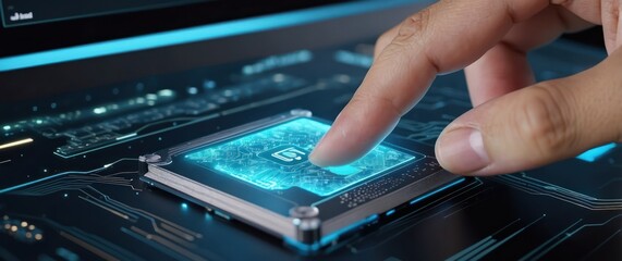 A hand interacts with a futuristic touchscreen interface, highlighting a digital processor, representing technological innovation and high tech advancements