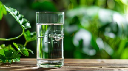 A clear glass of water on a wooden surface with a background of green plants, symbolizing freshness.