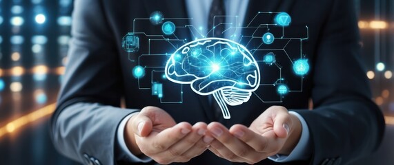 A businessman in a suit holds a glowing brain hologram, symbolizing innovation, AI, and future technology  Ideal for tech, business, and AI concept themes