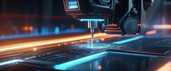 Futuristic CNC machine in action, highlighting high tech precision and automation  Ideal for themes of innovation, manufacturing, and advanced technology - obrazy, fototapety, plakaty