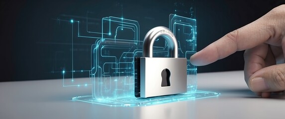 A hand touching a digital padlock hologram, symbolizing cybersecurity and data protection in a high tech, futuristic environment