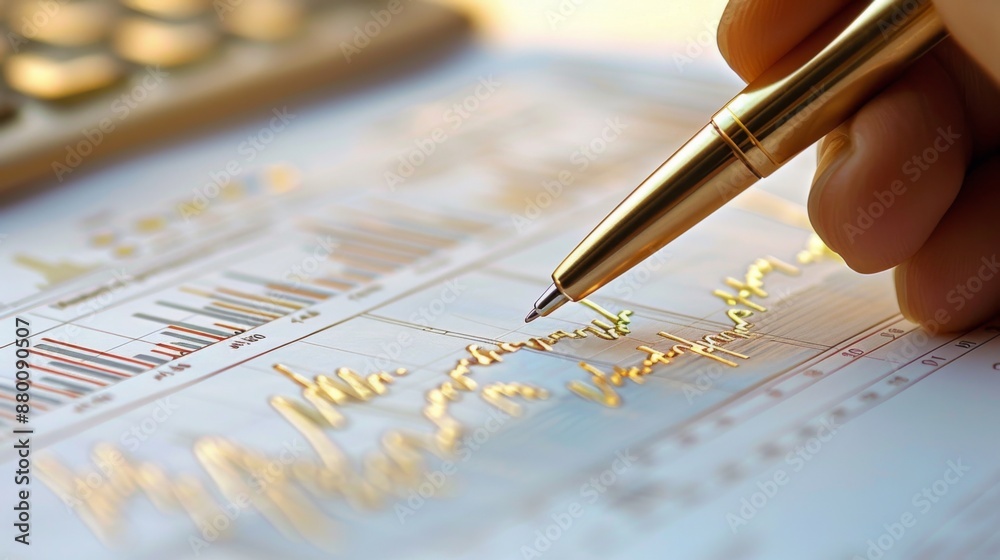 Poster a close-up of a hand holding a pen pointing at a gold price graph on paper.