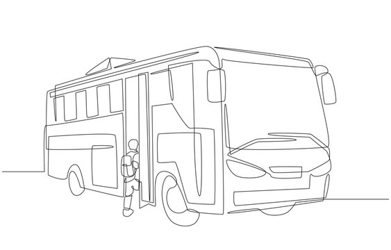 recommend clip art: Continuous one line drawing of student walking into school bus, go to school concept, single line art.