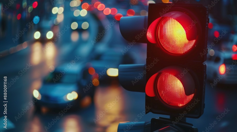Poster A close-up of a traffic light showing a red signal with traffic moving in the background.