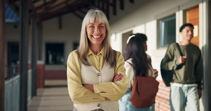 Portrait, arms folded and teacher on campus of school for knowledge, career and education. Woman, pride and professor or employee for development, curriculum or lecture for English academy or college
