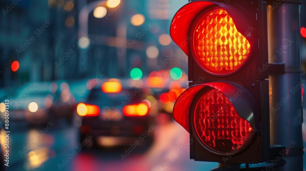 Aufkleber A close-up of a traffic light showing a red signal with traffic moving in the background.