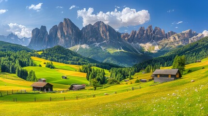 Scenery picturesque view of houses on green meadows in alps peaks mountain - 