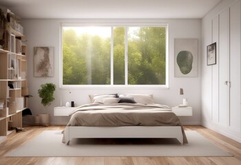 bedroom 3d small furnished wooden modern bed and minimal teenage white overlooks floor work table render bedchamber window room cabinet view brown nature frame
