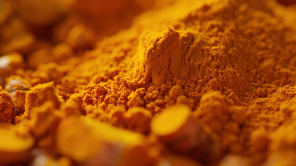 Macro Shot of Turmeric Powder Showcasing Its Vibrant Color in a Health and Culinary Environment