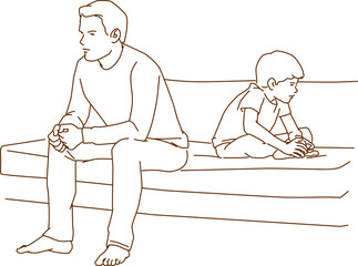 annoyed young father sitting back-to-back with little son on sofa ignoring each other