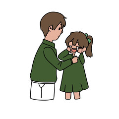 A man is helping a little girl with her dress