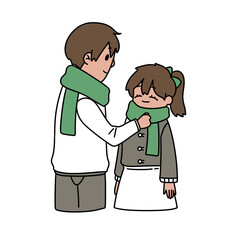 A man is helping a girl put on a scarf