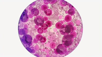 A circular abstract design featuring various shades of pink and purple. The composition has a modern and artistic feel.