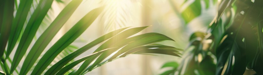 Obraz premium Sunlight filtering through lush green tropical leaves. A serene and refreshing natural scenery perfect for backgrounds and nature-themed designs.