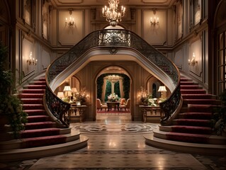 Luxury hotel lobby interior with a stairway leading to the door