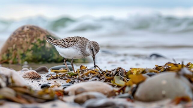 Sandpiper Bird foraging for food on a Baltic coast in summer