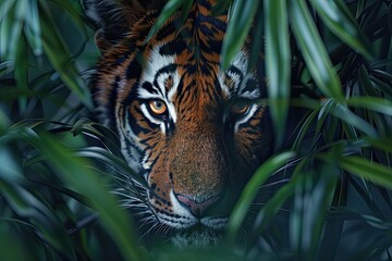 Tiger stealthily peers through dense foliage with glowing eyes