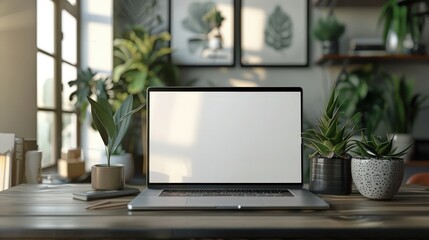 A modern home office setup featuring a laptop and various indoor plants on a wooden desk, bathed in natural sunlight.
