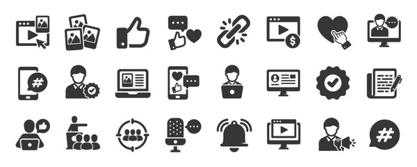 Influencer glyph solid icons collection. Containing content creator, blogger, social media, ambassador. For website marketing design, logo, app, template, ui, etc. Vector illustration.