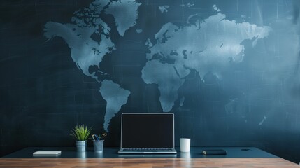 A minimalist office desk setup with a laptop, plant, and stationery against a dark wall featuring a world map, symbolizing a global business presence.

