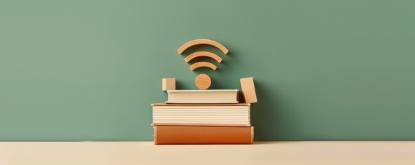 Wooden blocks forming a wifi signal icon next to a stack of books, blending technology and learning