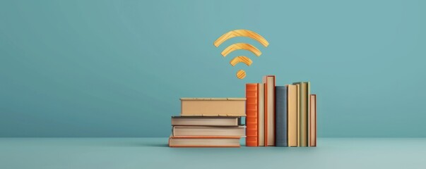 Wooden blocks forming a wifi signal icon next to a stack of books, blending technology and learning