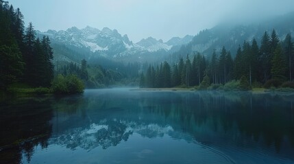 A tranquil mountain lake surrounded by a misty forest and snow-capped peaks, captured in the early morning light.