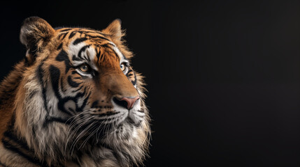 Obraz premium サイベリアンタイガーの顔をクローズアップした黒背景のポートレート風リアルイラスト