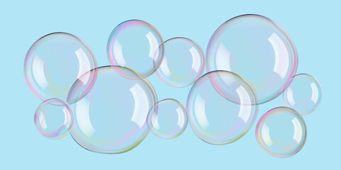 Water bubbles float in a sky blue background. Soap suds ball with rainbow colors. Realistic clean and clear shampoo foam purified water. Bathroom beads, bath bomb, soapy fun, and laundry poster