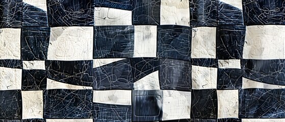 Panoramic close-up, high detail scan of checkerboard quilt texture, Generative AI 