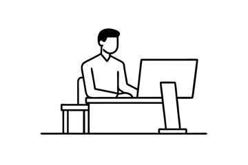 A man working on computer in office room silhouette vector line art illustration
