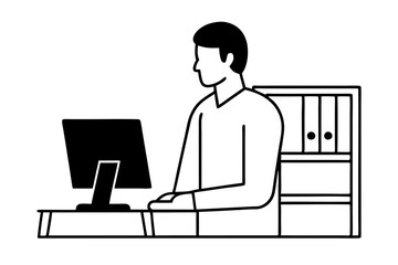 A man working on computer in office room silhouette vector line art illustration