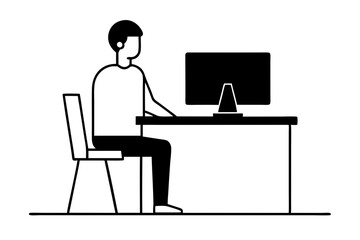 A man working on computer in office room silhouette vector line art illustration