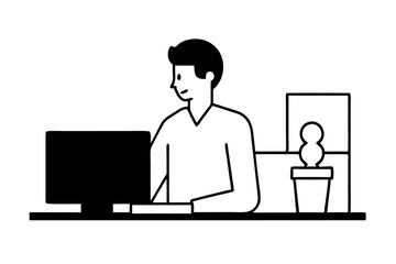 A man working on computer in office room silhouette vector line art illustration