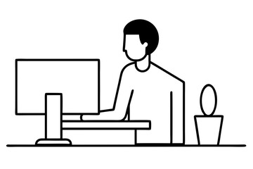 A man working on computer in office room silhouette vector line art illustration