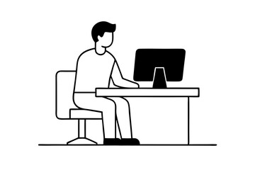 A man working on computer in office room silhouette vector line art illustration