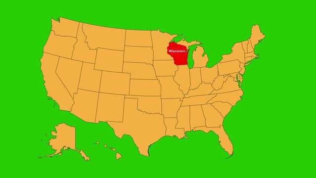 Wisconsin map animated video. Map Highlighted on the USA map with animation and colour with Green screen background in video format.	
