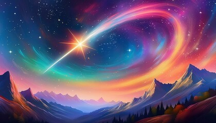 Illustration of a shooting star in space in the style of fauvism, neon lights, vibrant colors, soft shadows, cinematic lighting, sharp focus, high resolution, high quality, high details, rendered with
