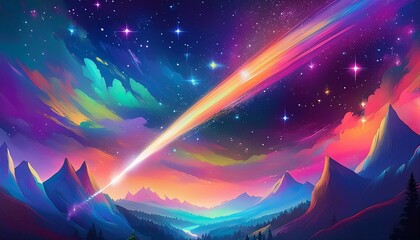 Illustration of a shooting star in space in the style of fauvism, neon lights, vibrant colors, soft shadows, cinematic lighting, sharp focus, high resolution, high quality, high details, rendered with
