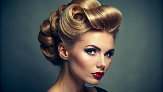 Close-up of a woman with a retro beehive updo.