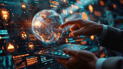 Modern Business Technology - Businessman Using Tablet with Global Digital Interface Projection