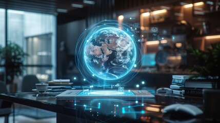 Futuristic Technology in Business Office - Tablet Hologram with Global Icons
