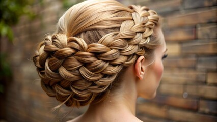 Close-up of a woman with an intricate braided updo.