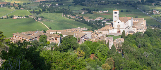 Assisi - The panorama of Basilica di San Francesco over the Umbrian landscape.