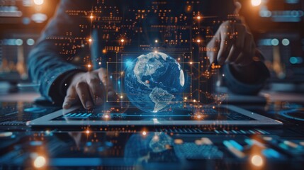 Fototapeta premium Global Business Technology Concept - Professional Using Digital Tablet with Globe and Icons in Modern Office